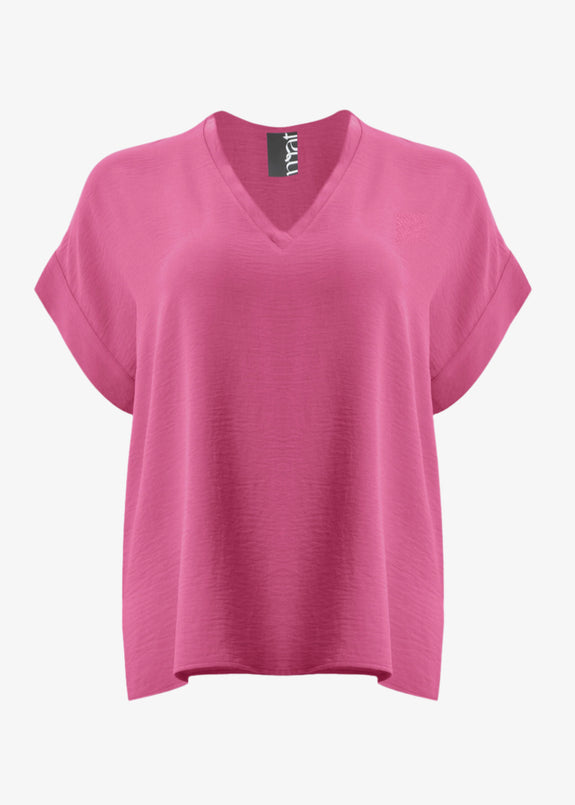 front view of Mat plus size air-wash textured polyester Short Sleeve V-Neck top in Bright Pink