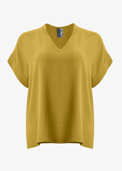 front view of Mat plus size air-wash textured polyester Short Sleeve V-Neck top in Dijon