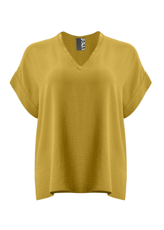 front view of Mat plus size air-wash textured polyester Short Sleeve V-Neck top in Dijon