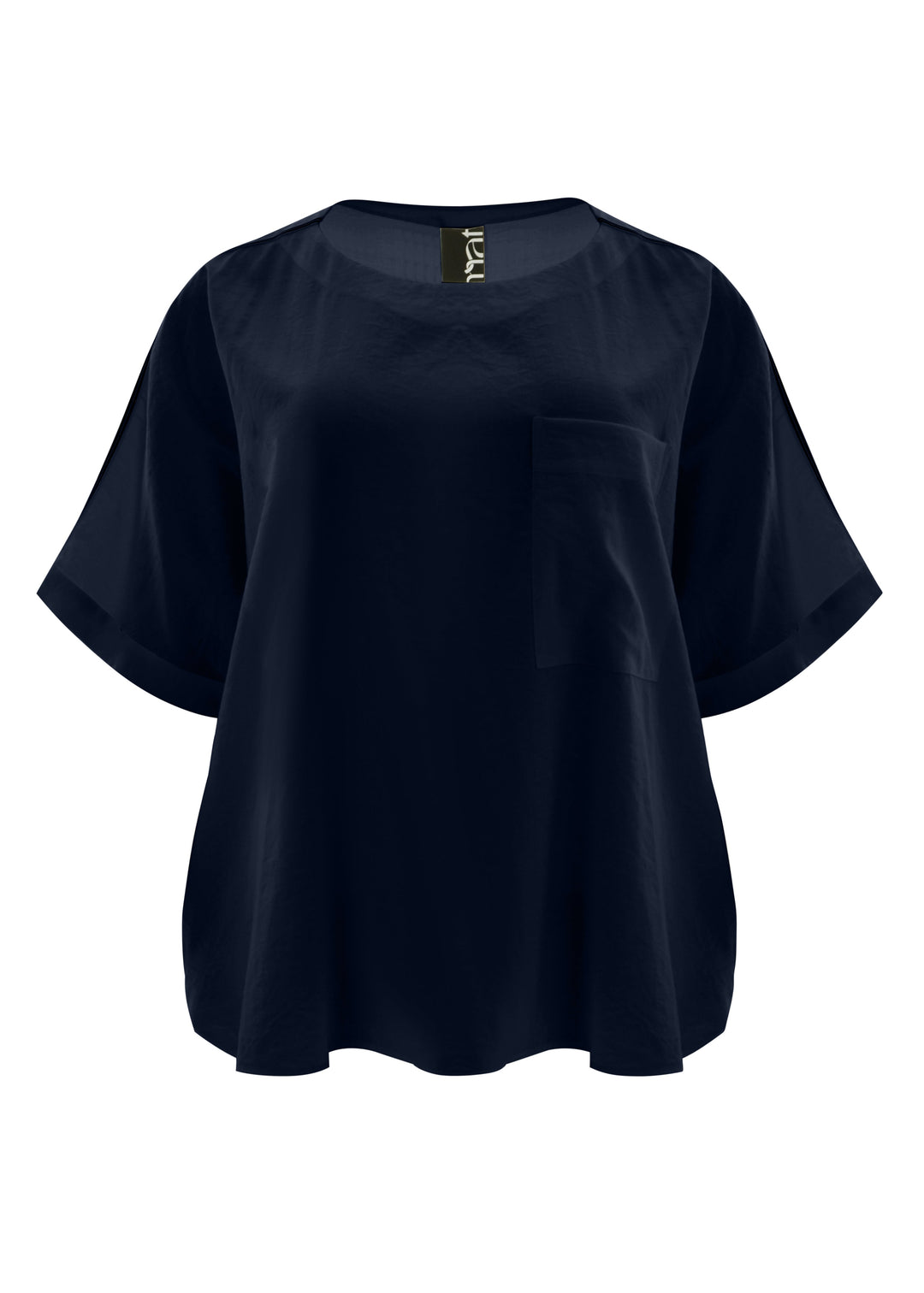 front view of plus size Mat Popover Top with Stripe on Sleeve in Navy Blue