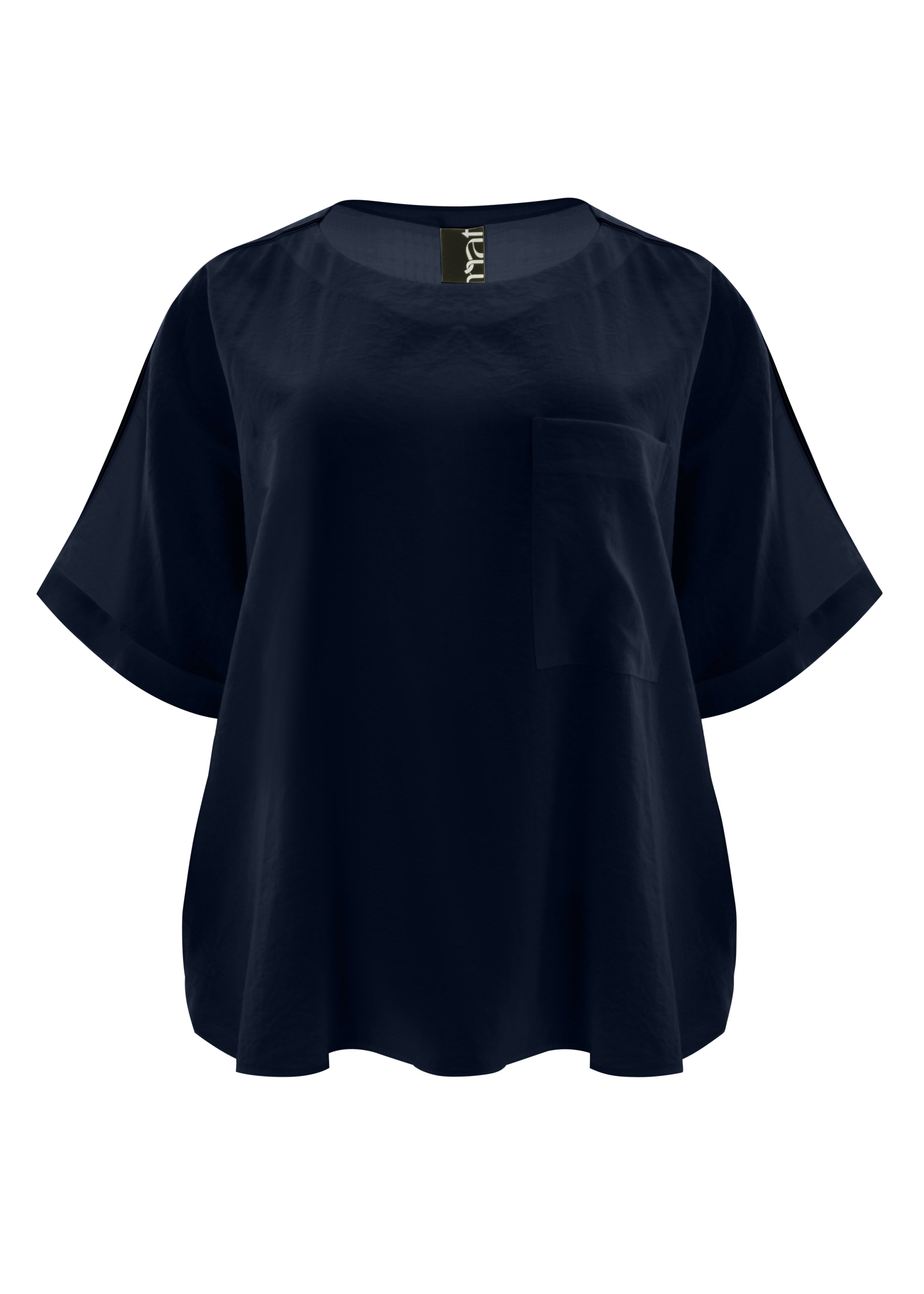 front view of plus size Mat Popover Top with Stripe on Sleeve in Navy Blue