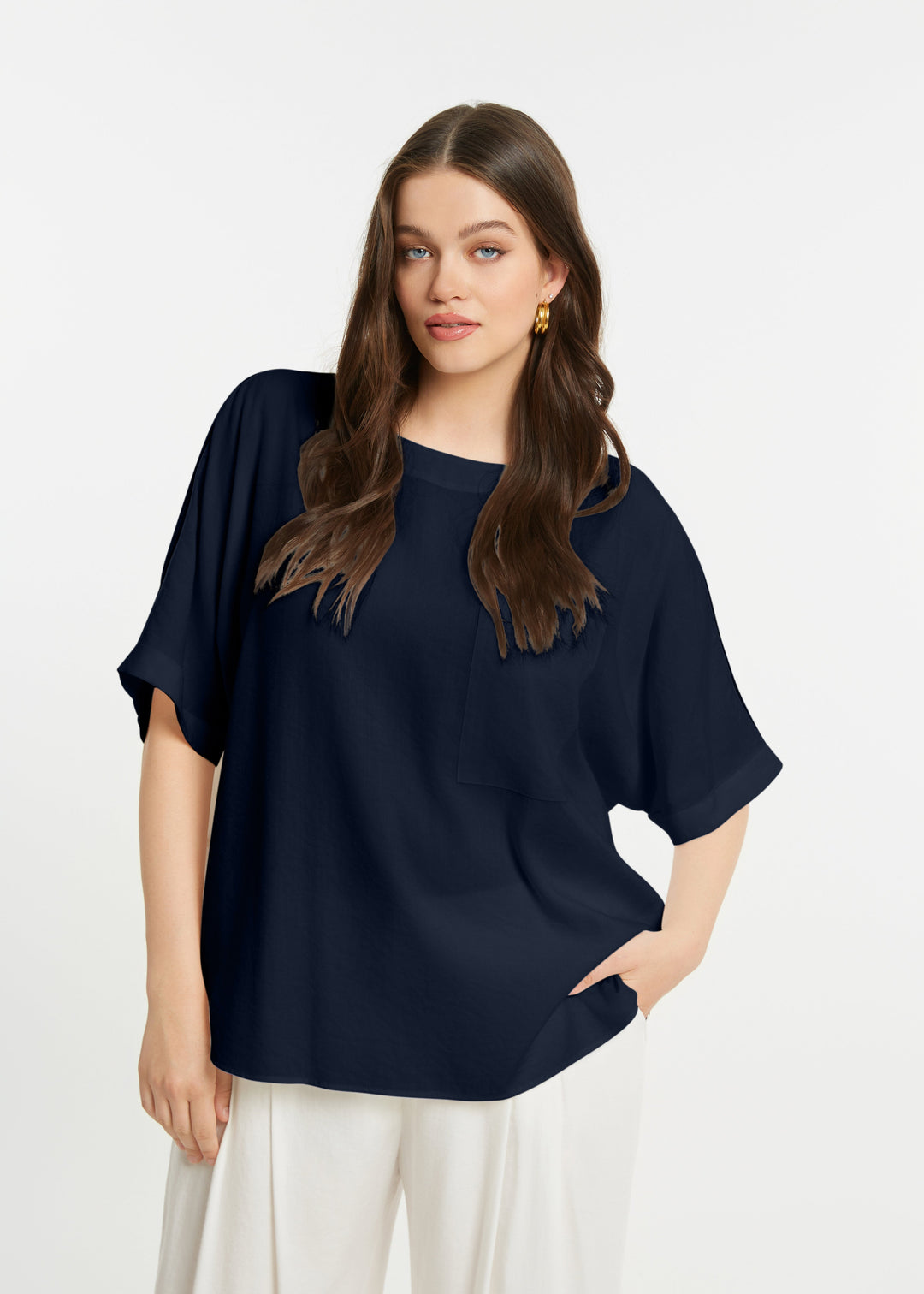 front view of plus size Mat Popover Top with Stripe on Sleeve in Navy Blue
