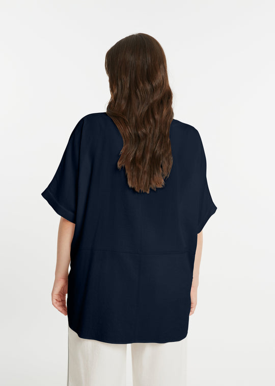 front view of plus size Mat Popover Top with Stripe on Sleeve in Navy Blue