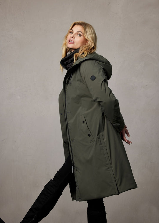 side view of plus size Junge Mira 2 for 1 Zip front Coat with Quilted vest in Olive