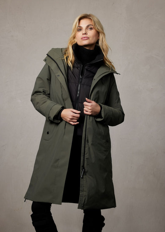 front view of plus size Junge Mira 2 for 1 Zip front Coat with Quilted vest in Olive