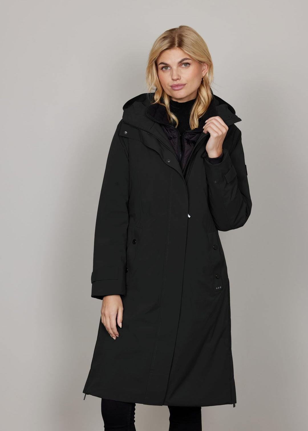 front view of plus size Junge Mira 2 for 1 Zip front Coat with Quilted vest in Black