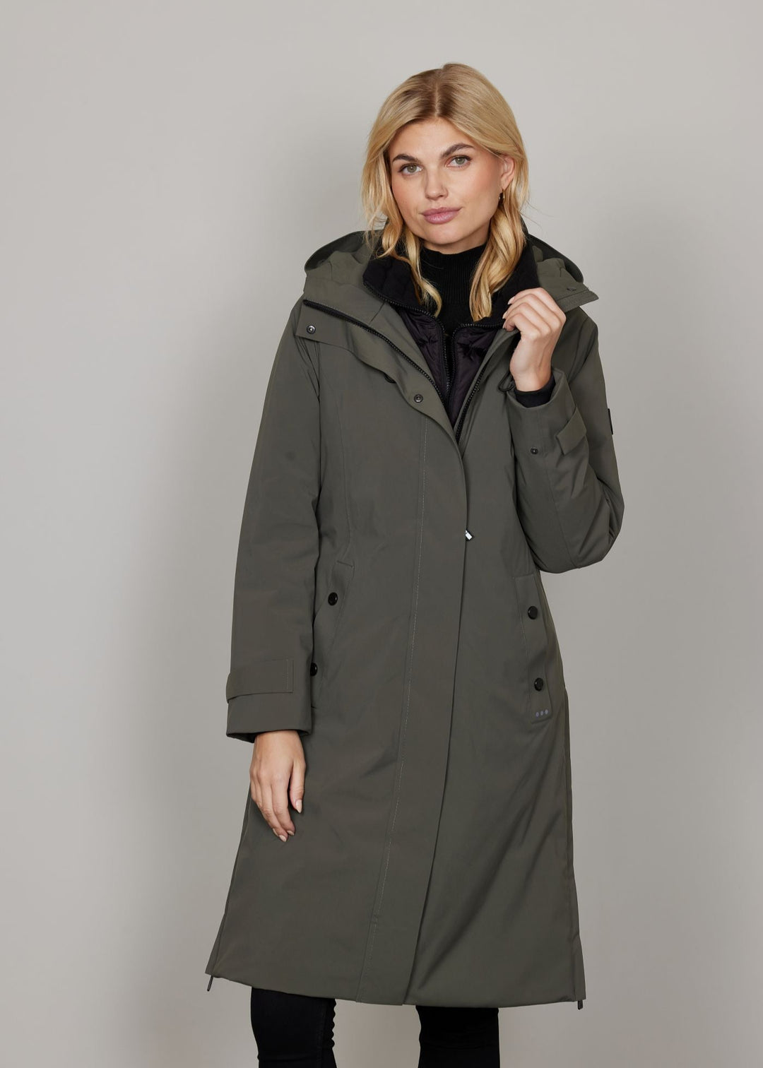 front view of plus size Junge Mira 2 for 1 Zip front Coat with Quilted vest in Olive