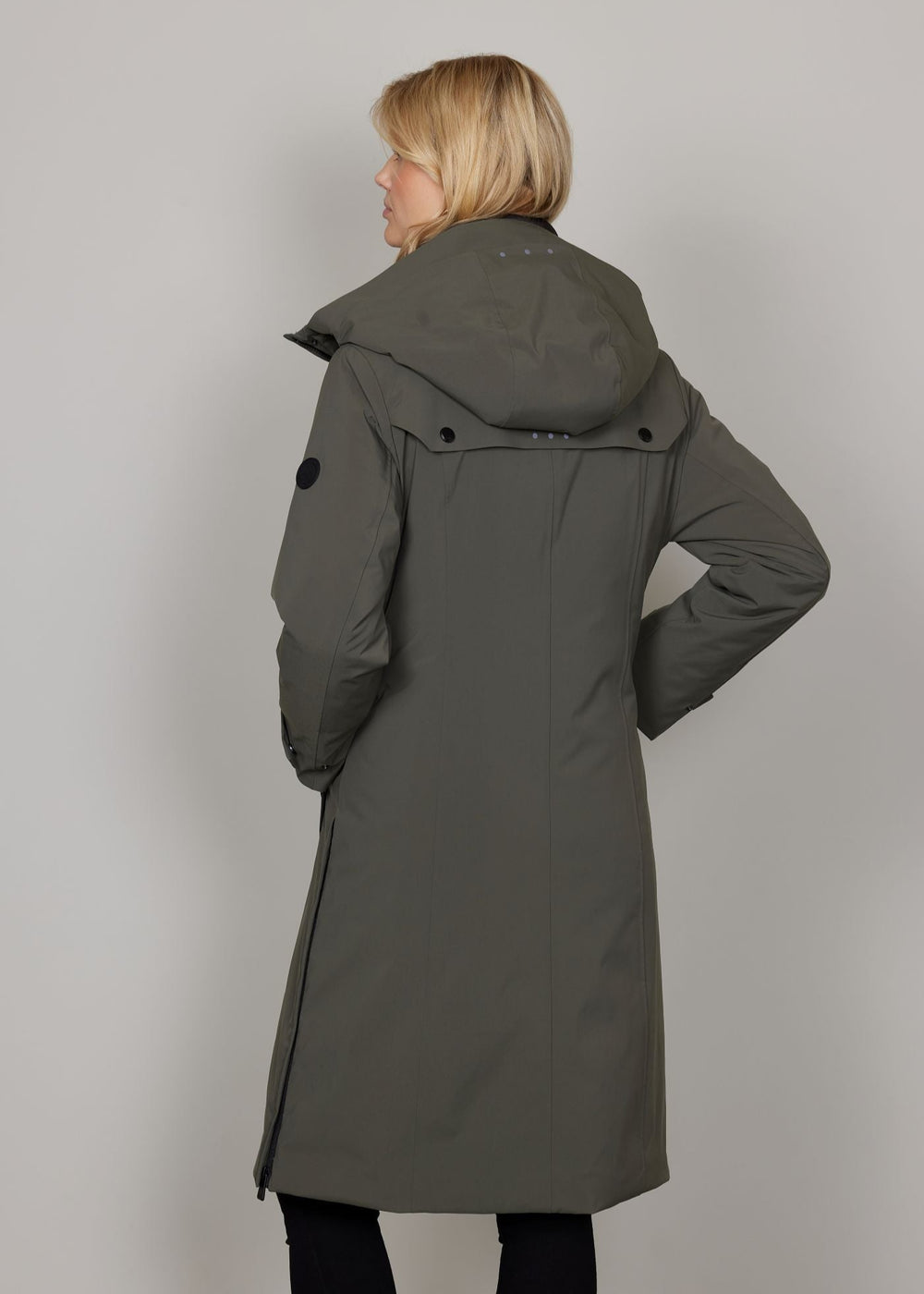 back view of plus size Junge Mira 2 for 1 Zip front Coat with Quilted vest in Olive