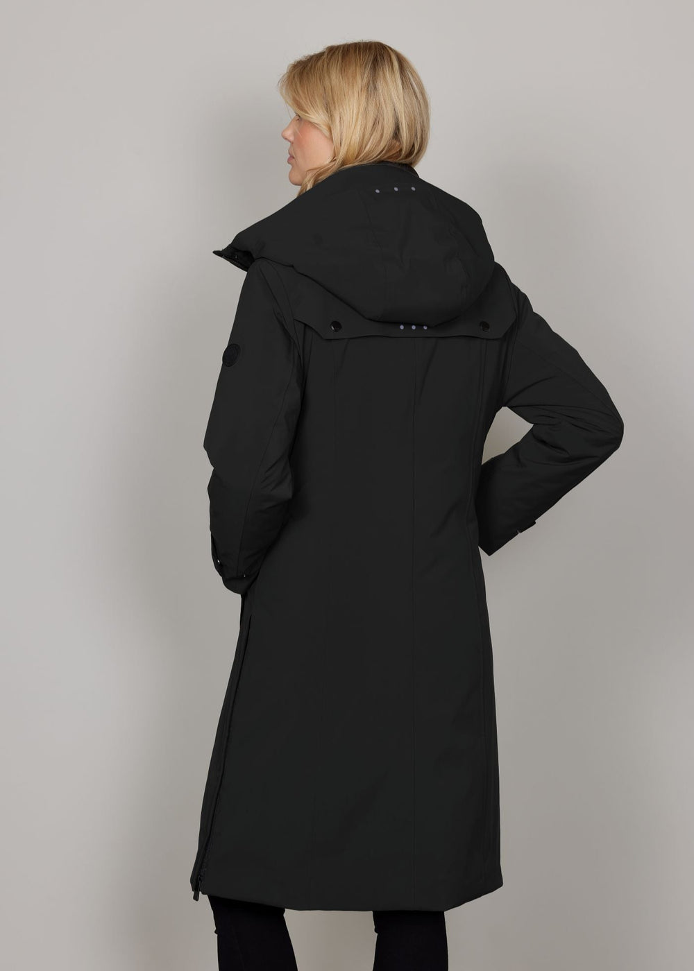 back view of plus size Junge Mira 2 for 1 Zip front Coat with Quilted vest in Black