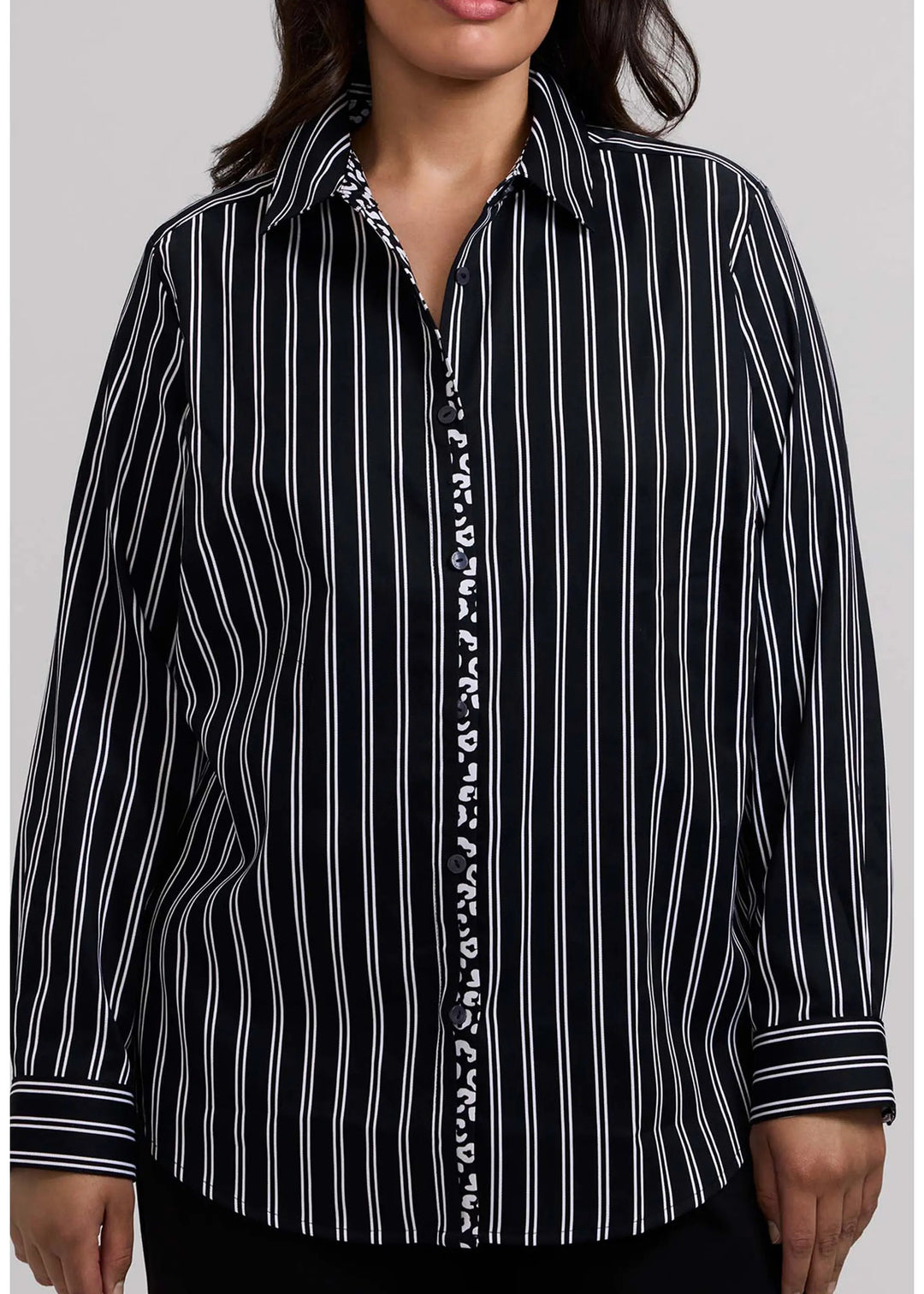 Foxcroft Charlie Stripe with Animal Border in Cotton Sateen in Black/White