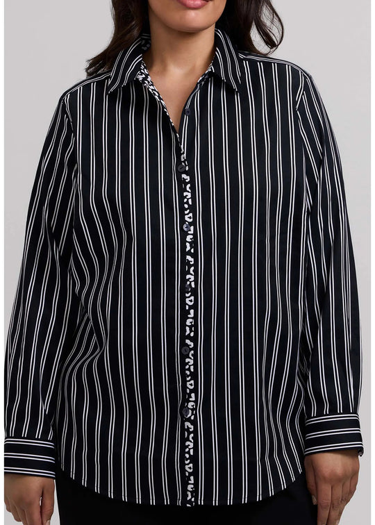 Foxcroft Charlie Stripe with Animal Border in Cotton Sateen in Black/White
