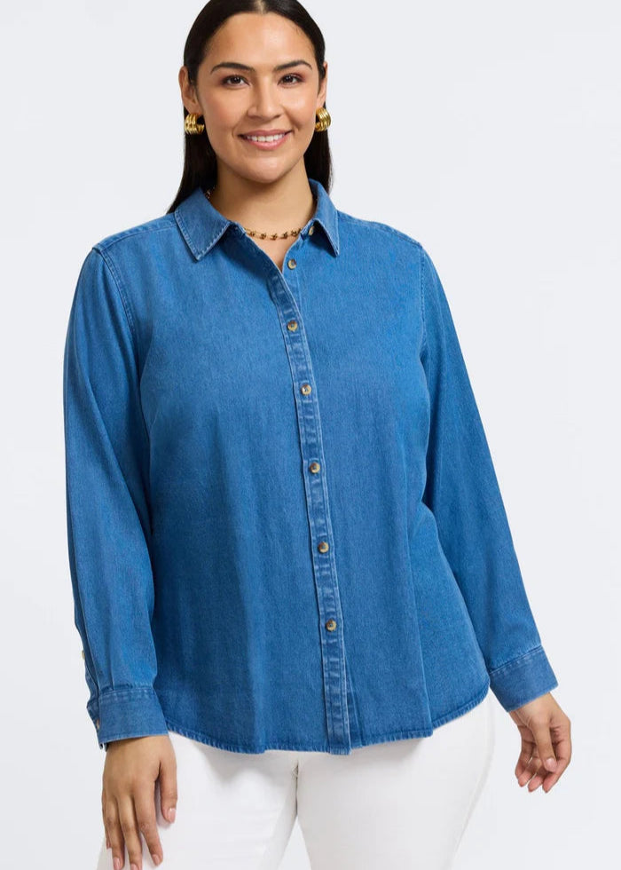 front view of Foxcroft Tencel Blend Hampton Long Sleeve Chambray Shirt in Medium Wash