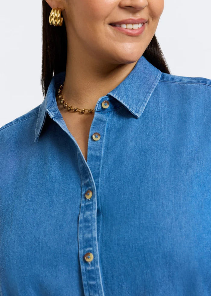 close up front view of Foxcroft Tencel Blend Hampton Long Sleeve Chambray plus size Shirt in Medium Wash