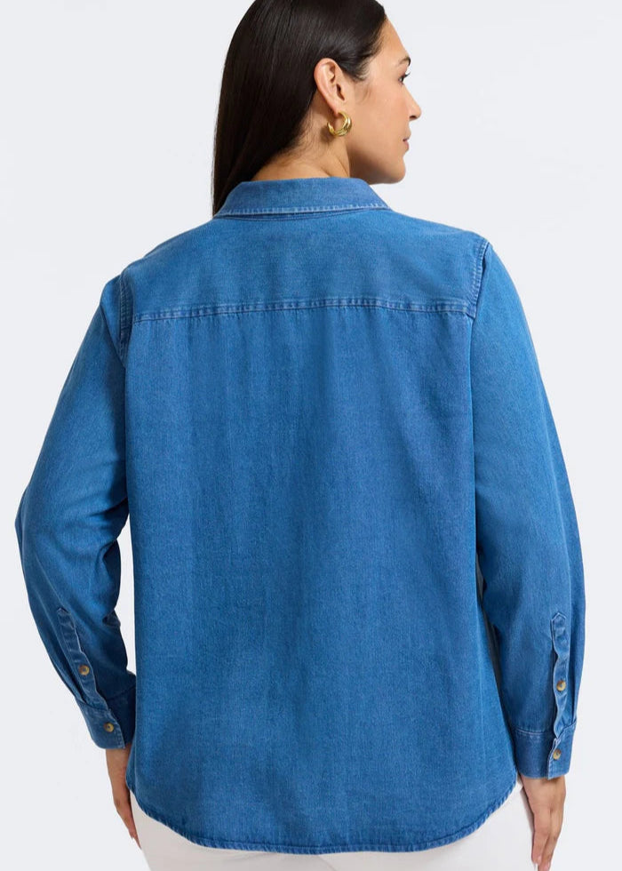 back view of Foxcroft Tencel Blend Hampton Long Sleeve Chambray Shirt in Medium Wash