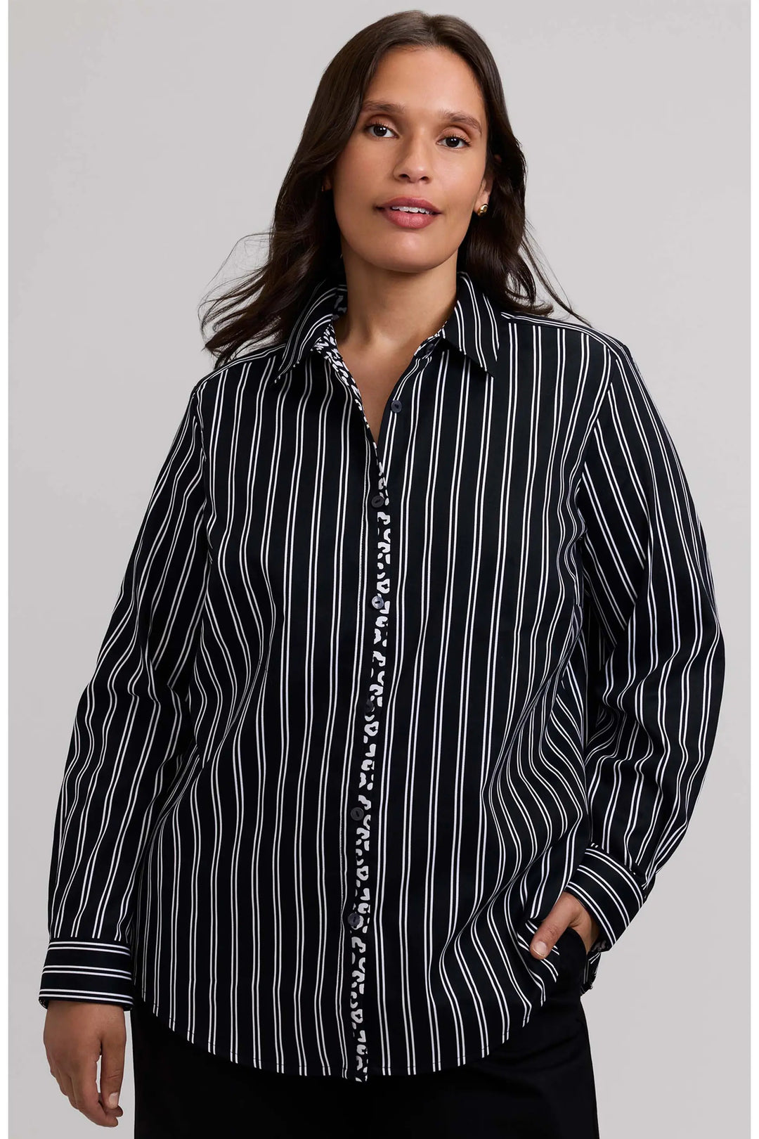 Foxcroft Charlie Stripe with Animal Border in Cotton Sateen in Black/White