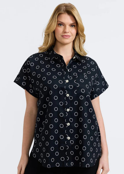 front view of Foxcroft plus size short sleeve circle dot blouse in black/white
