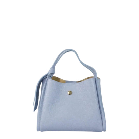 Light blue leather handbag with short handles and front clasp