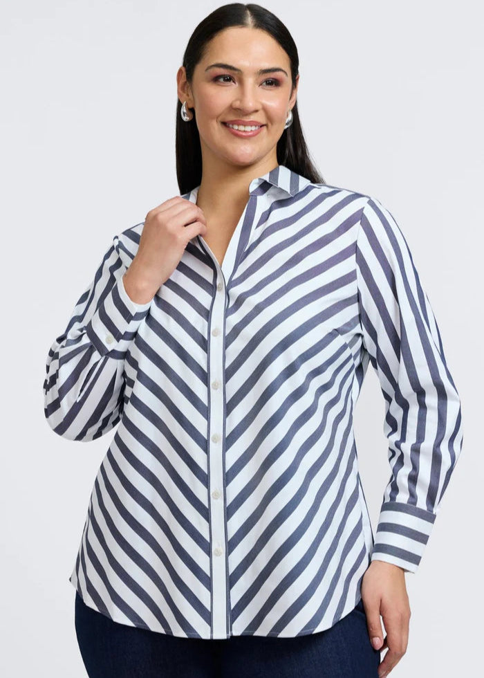 front view of Foxcroft Mary long sleeve mitred striped stretch cotton shirt in Navy/White