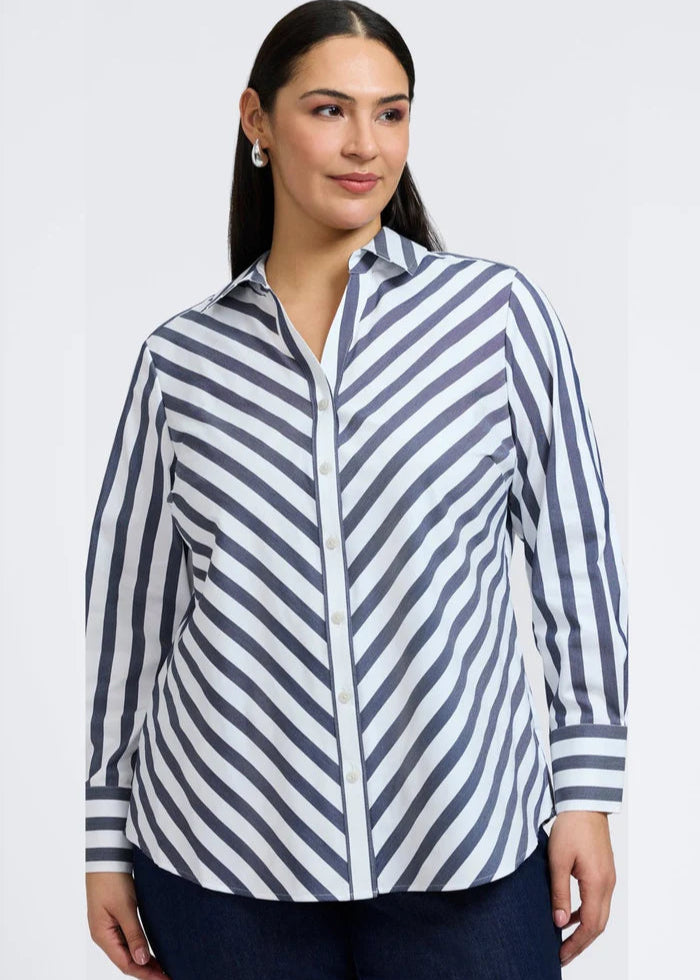 front view of Foxcroft Mary long sleeve mitred striped stretch cotton shirt in Navy/White