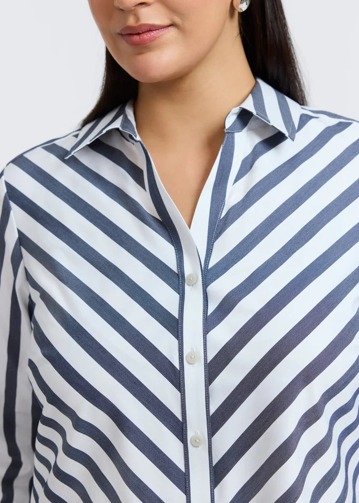 front close up view of Foxcroft Mary long sleeve mitred striped stretch cotton shirt in Navy/White