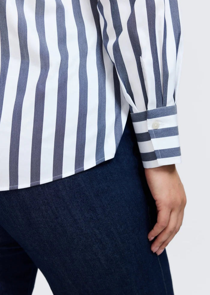 cropped view cuff and shirt tail of Foxcroft Mary long sleeve mitred striped stretch cotton shirt in Navy/White