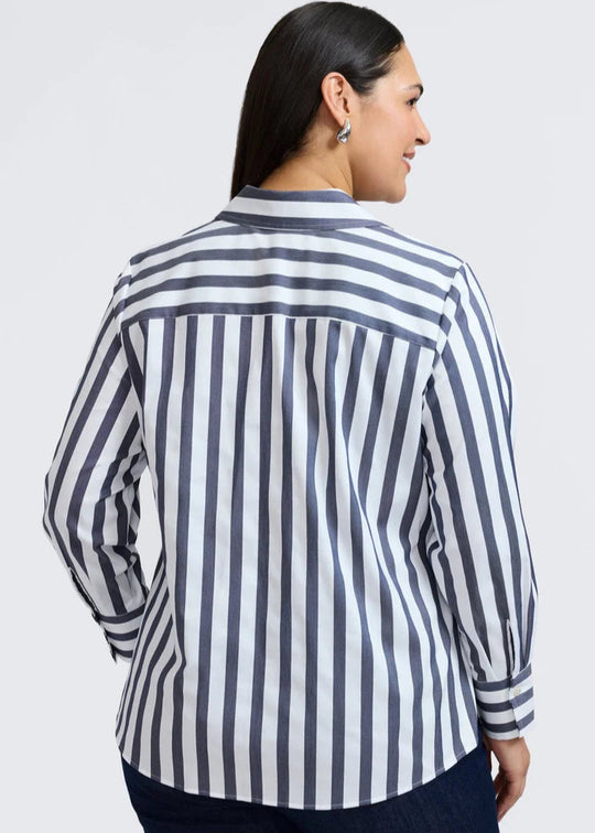 back view of Foxcroft Mary long sleeve mitred striped stretch cotton shirt in Navy/White