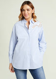 front view of plus size Luisa Viola Striped Shirt with Embroidery detail in Blue/Wht