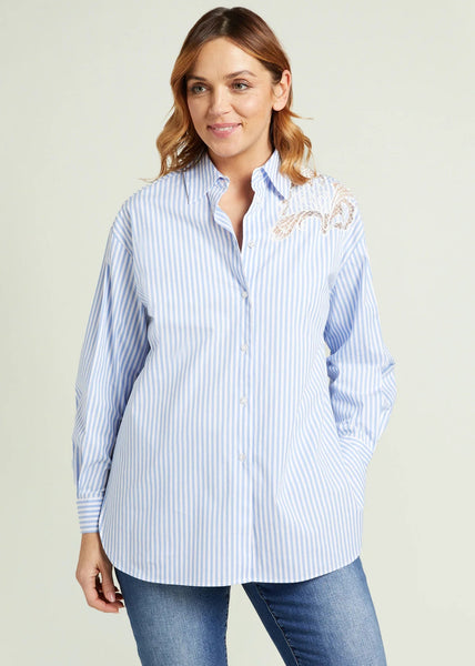 front view of plus size Luisa Viola Striped Shirt with Embroidery detail in Blue/Wht