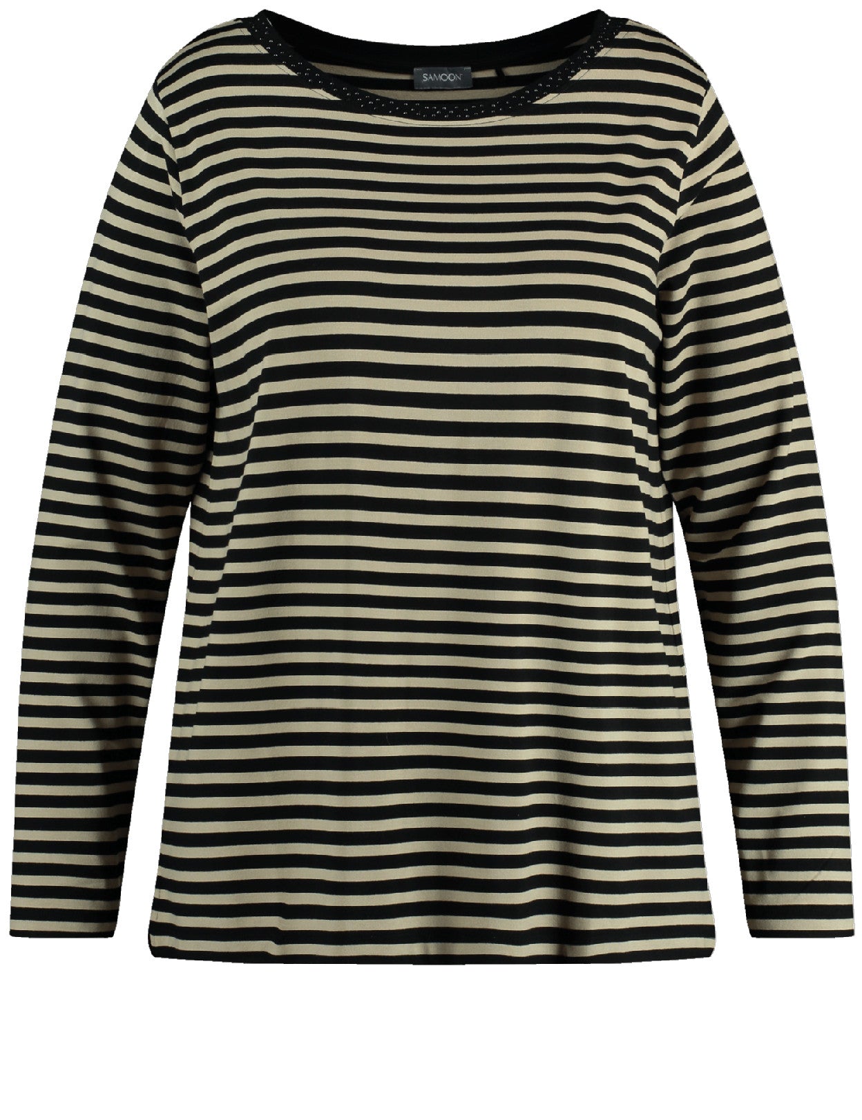 Samoon Long Sleeve Jersey Striped Tee in Beige/Black