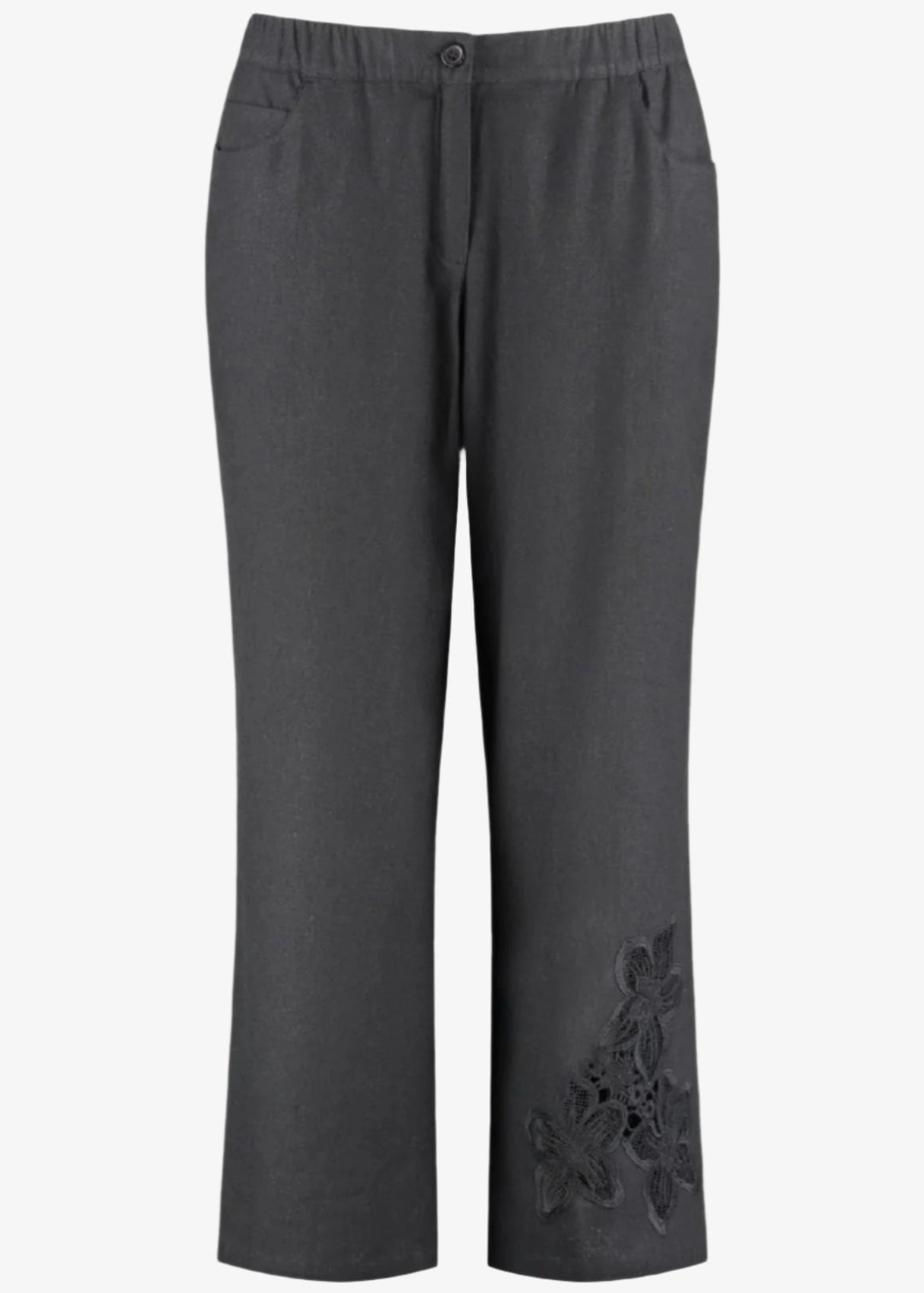 front view of plus size Samoon Linen Blend "Lotta" pant with applique in Black