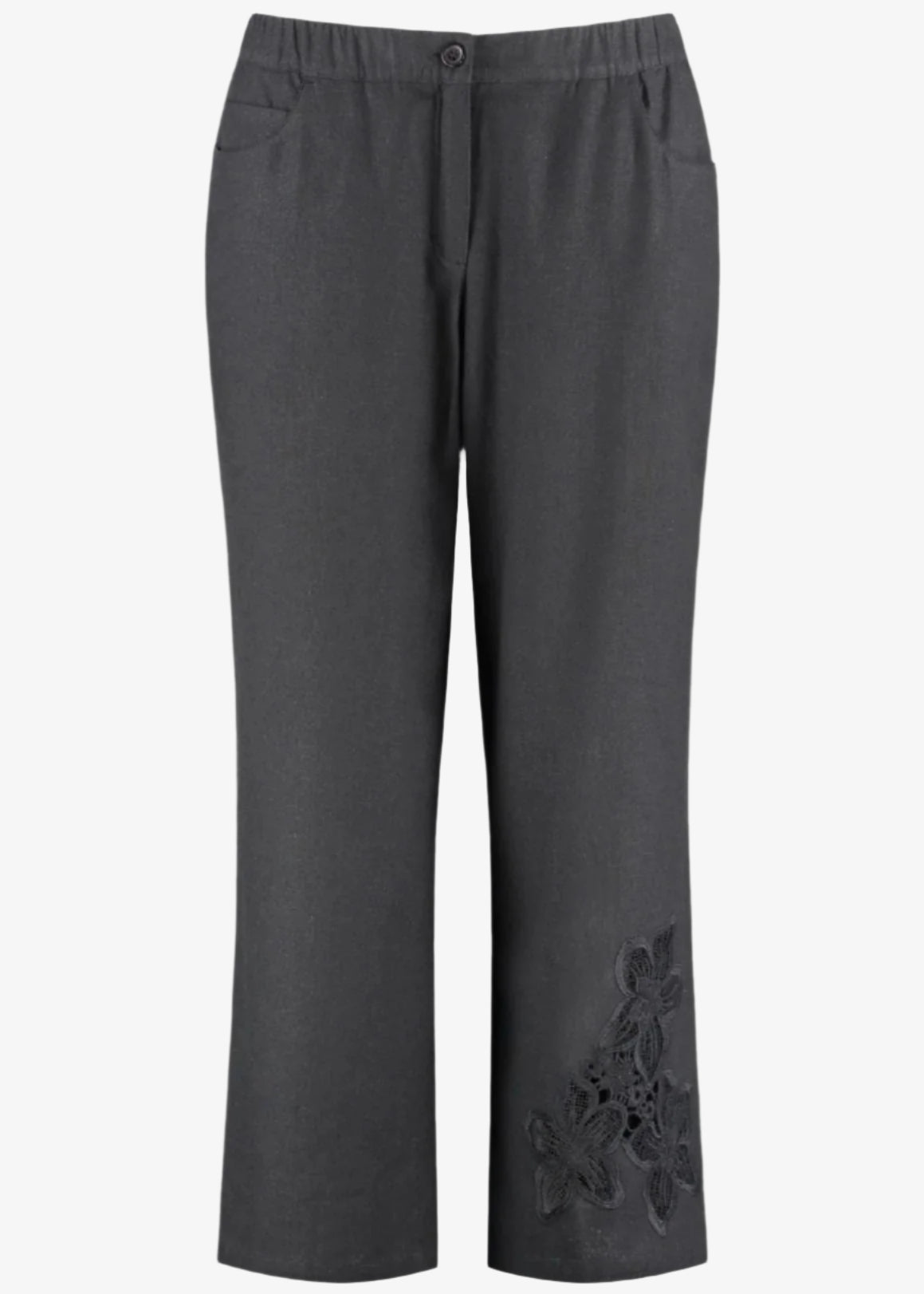 front view of plus size Samoon Linen Blend "Lotta" pant with applique in Black