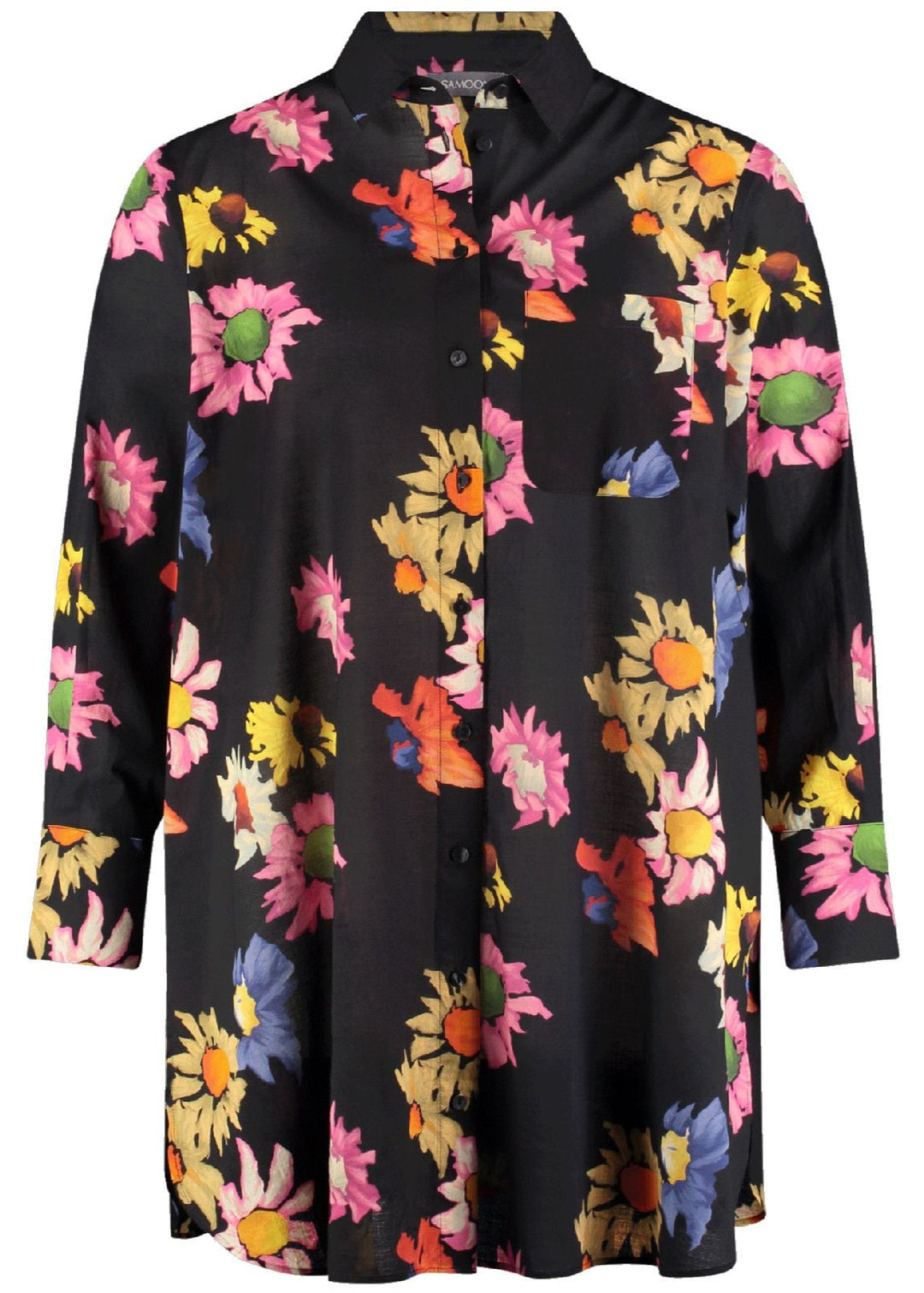 front view of plus size Samoon Cotton long sleeve Floral Print Blouse in Black print