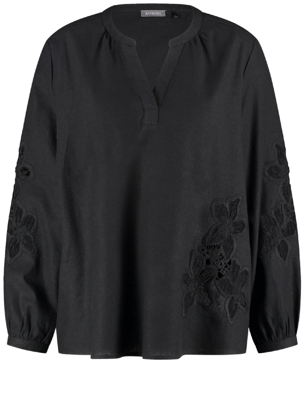front view of plus size Samoon Linen Blend split neck Top with Applique in Black