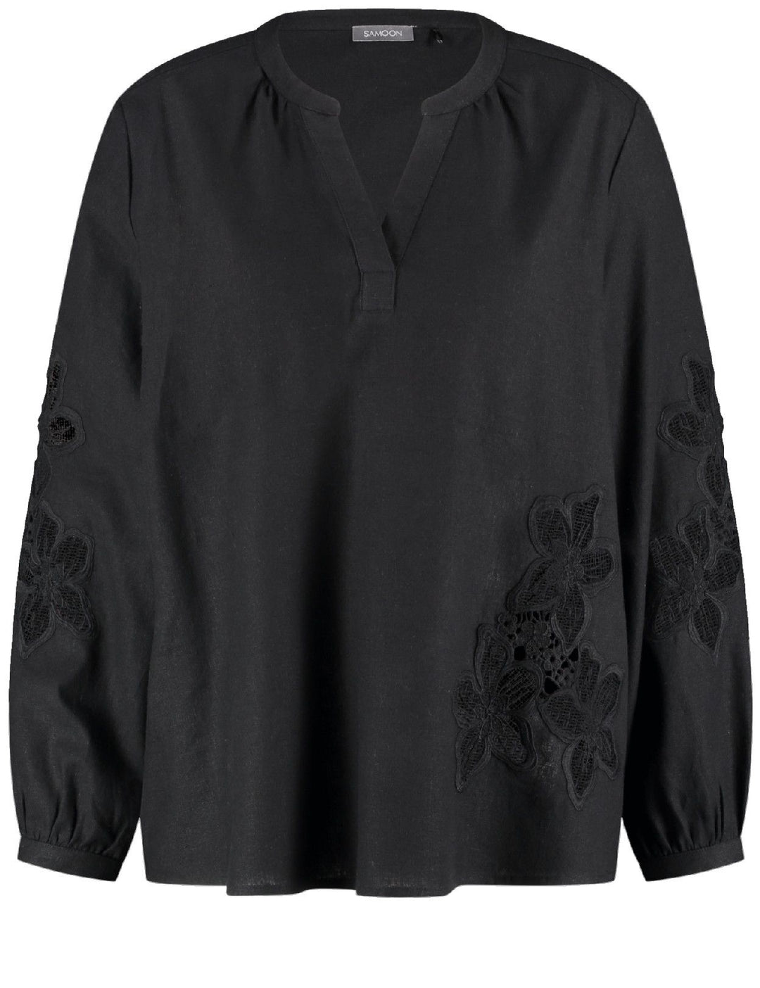 front view of plus size Samoon Linen Blend split neck Top with Applique in Black