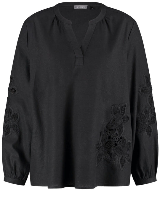 front view of plus size Samoon Linen Blend split neck Top with Applique in Black