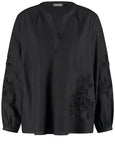 front view of plus size Samoon Linen Blend split neck Top with Applique in Black