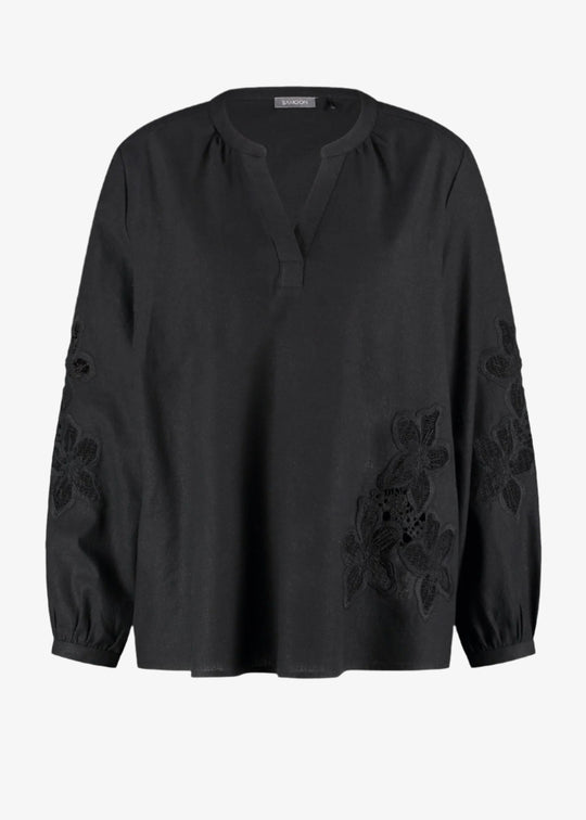 Samoon Linen Blend split neck Top with Applique in Black