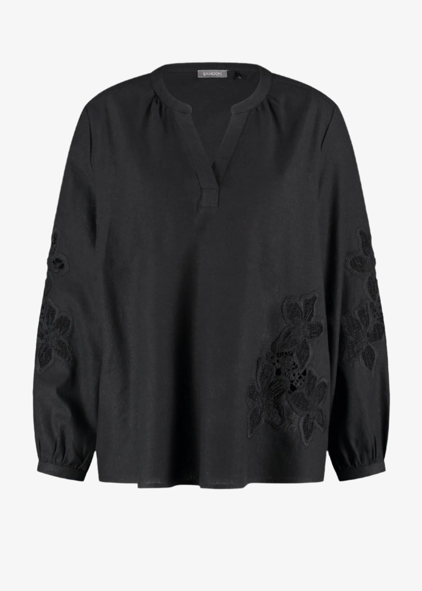 Samoon Linen Blend split neck Top with Applique in Black