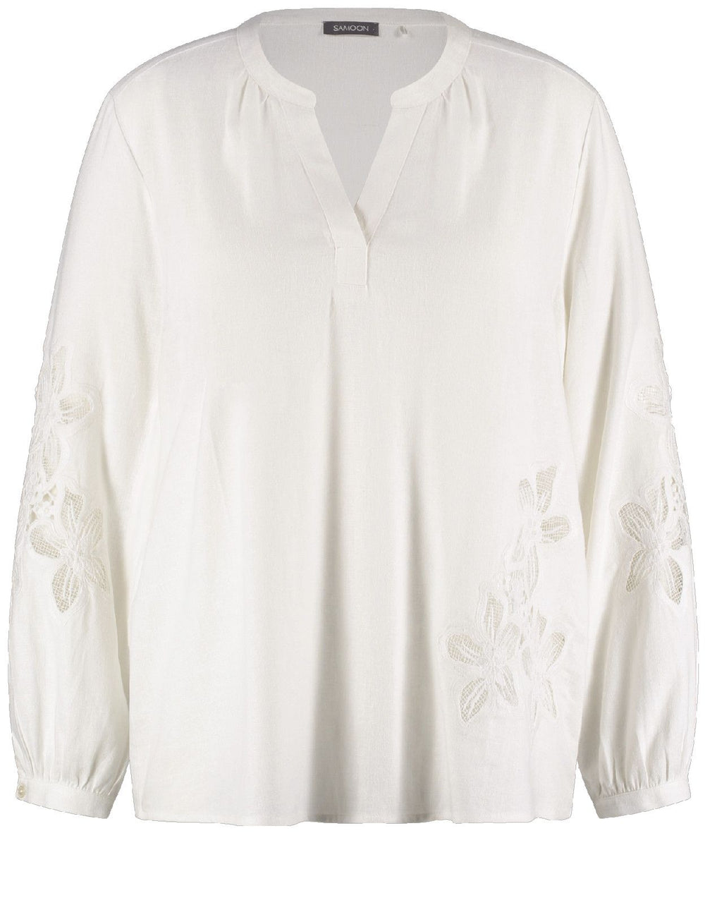 front view of plus size Samoon Linen Blend split neck Top with Applique in White