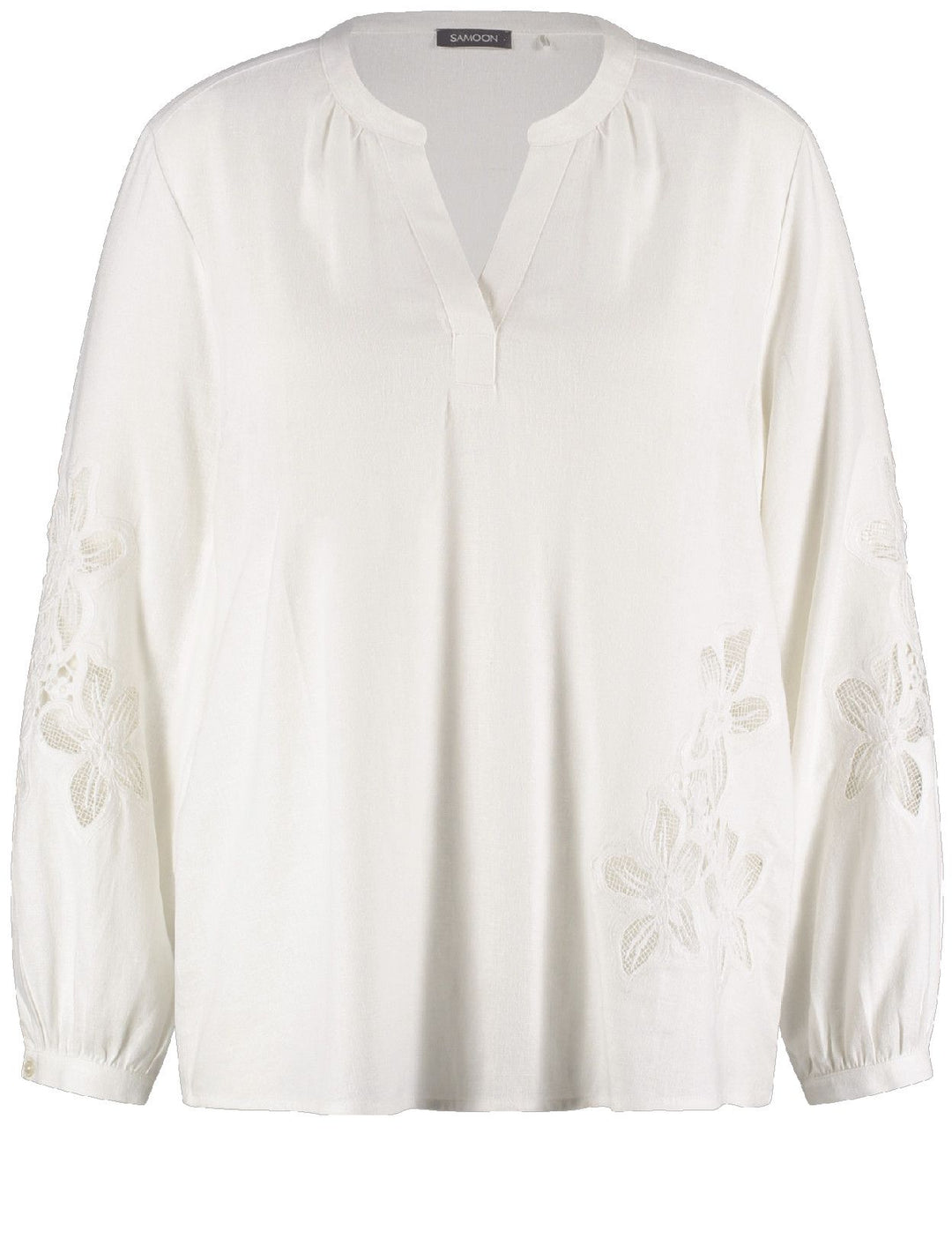 front view of plus size Samoon Linen Blend split neck Top with Applique in White