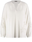 front view of plus size Samoon Linen Blend split neck Top with Applique in White