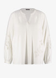 Samoon Linen Blend split neck Top with Applique in White