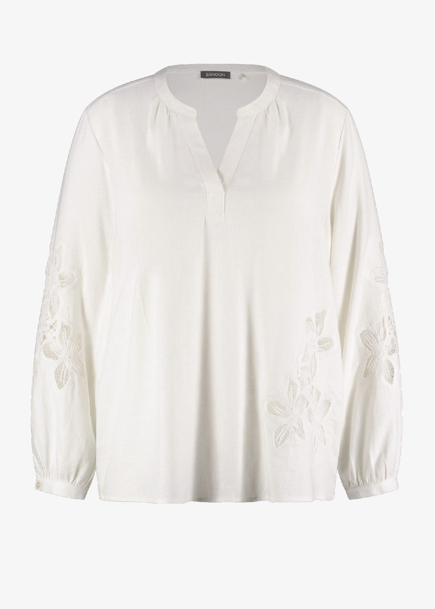 Samoon Linen Blend split neck Top with Applique in White