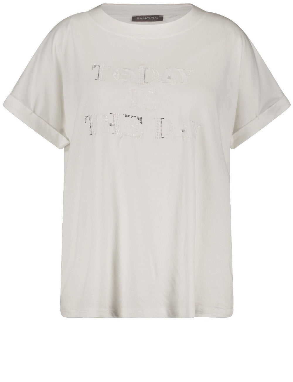 front view of plus size Samoon Beaded "Today is the Day" T-shirt in White