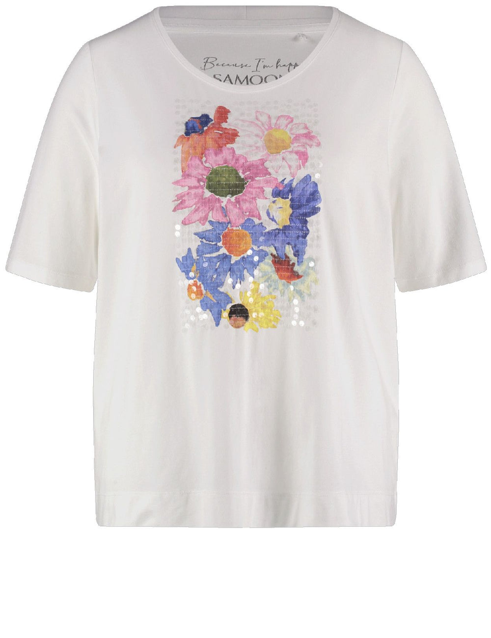 front view of plus size Samoon Short Sleeve Tee with Floral Sequin Motif in White