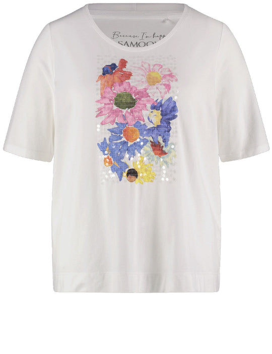 front view of plus size Samoon Short Sleeve Tee with Floral Sequin Motif in White