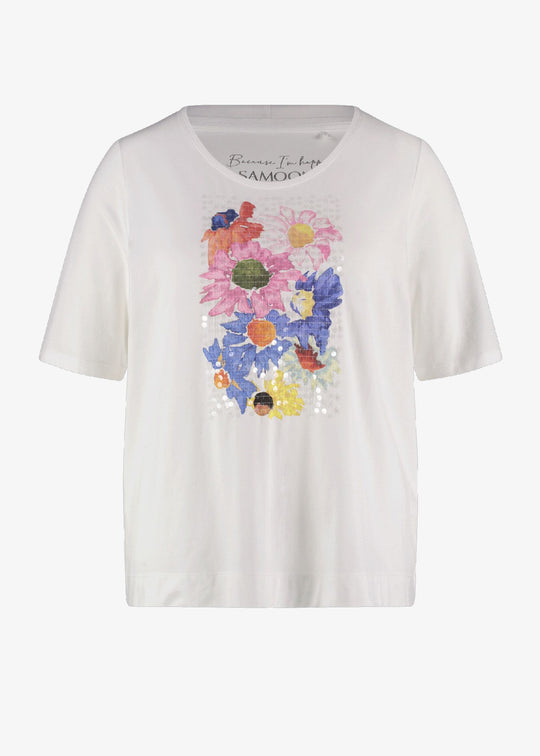Samoon Short Sleeve Tee with Floral Sequin Motif in White