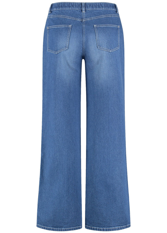back view of plus size Samoon Stretch Denim Carlotta Jean in Dark Denim Blue