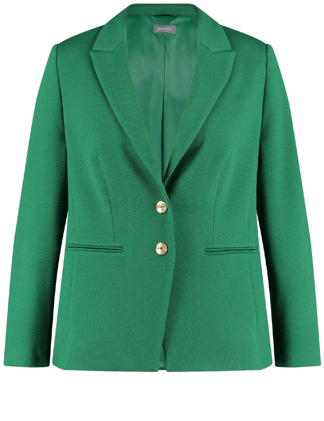 Front view of plus size Samoon Two Button Notch Collar Blazer in Dark Green