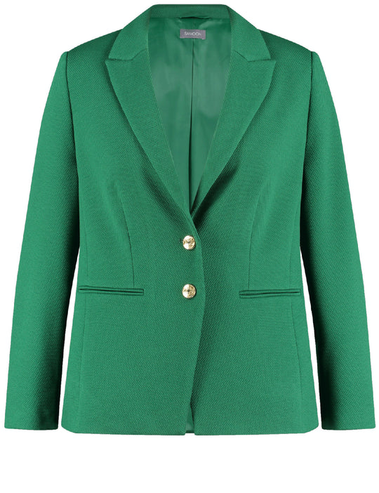 Front view of plus size Samoon Two Button Notch Collar Blazer in Dark Green